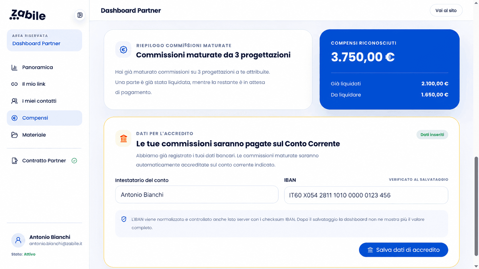 Dashboard partner Zabile con riepilogo delle commissioni maturate e dati di accredito